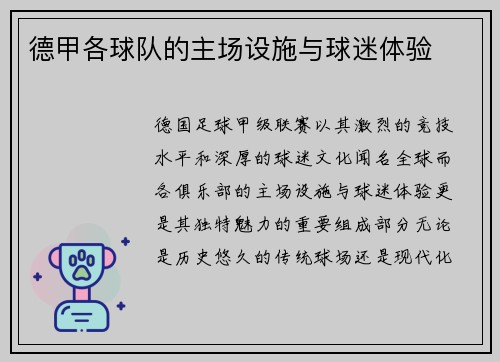 德甲各球队的主场设施与球迷体验