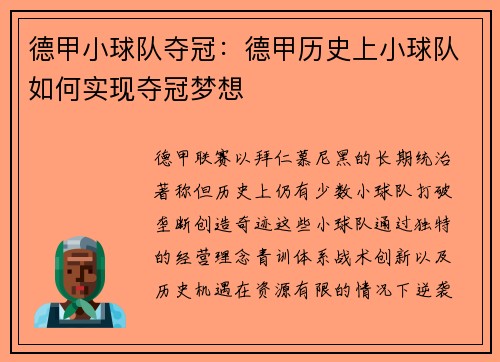 德甲小球队夺冠：德甲历史上小球队如何实现夺冠梦想