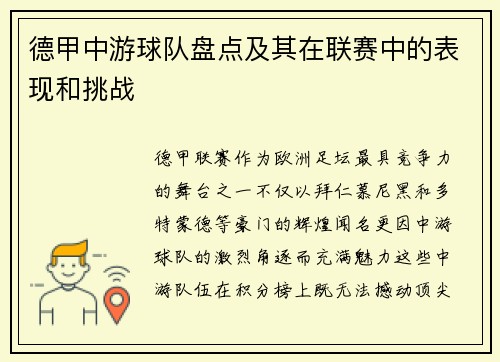 德甲中游球队盘点及其在联赛中的表现和挑战